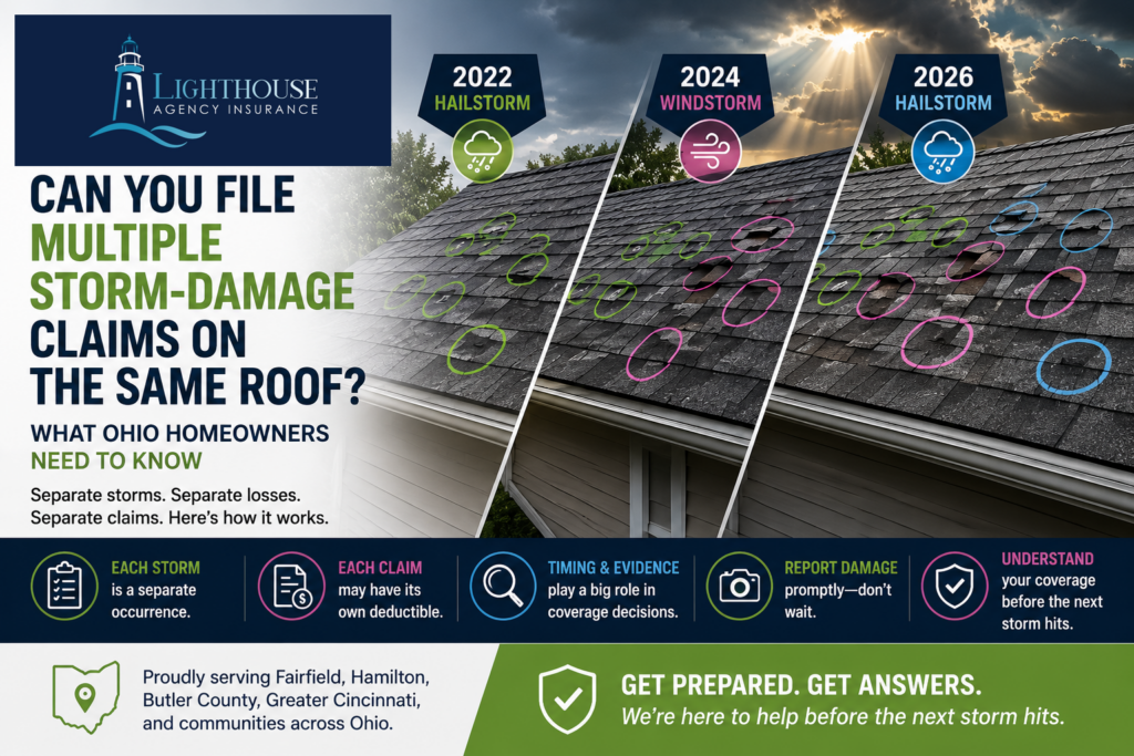 Infographic: filing multiple storm-damage insurance claims on the same roof in Ohio — separate storms, separate losses, separate claims